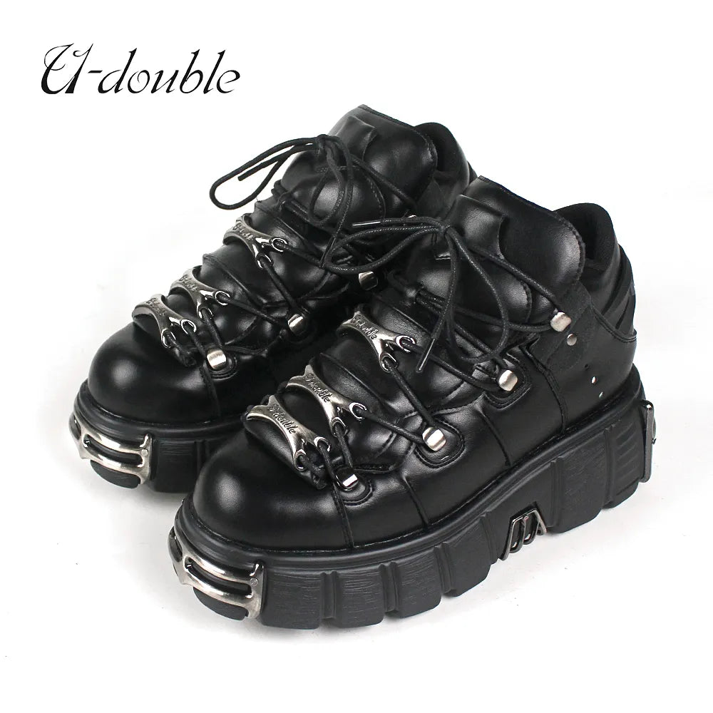 U-DOUBLE Brand Punk Style Women Shoes Lace-up heel height 6CM Platform Shoes Woman Gothic Ankle Boots Metal Decor Woman Sneakers