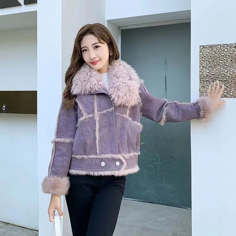 2023 Winter Short Women's Natural Rabbit Hair Lined Sheepskin Collar Coat Fashion Luxury Warm Leather Coat Light Purple