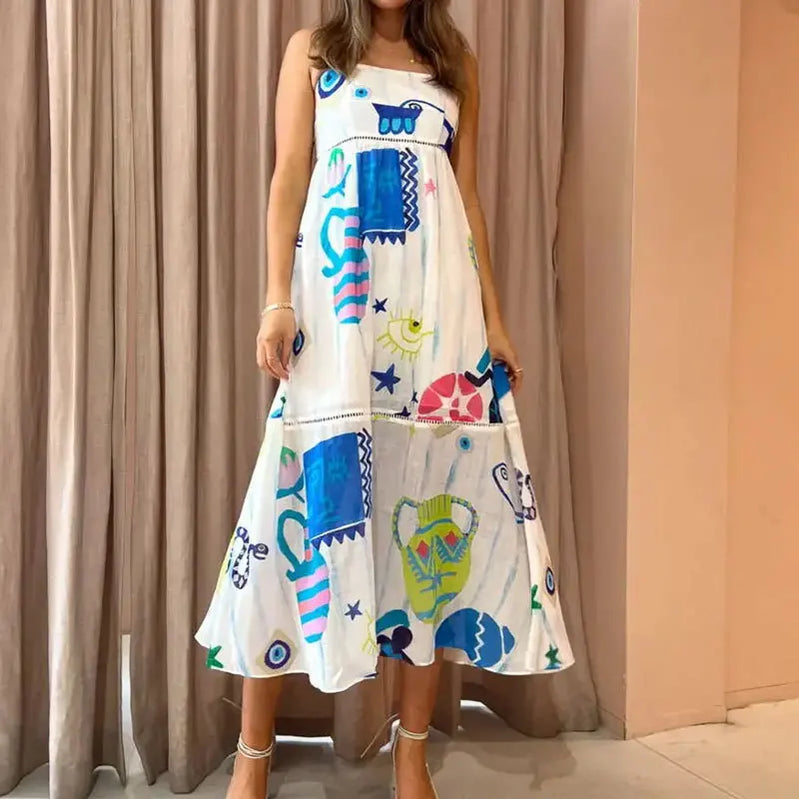 Elegant Straps Slip Print Maxi Dress Women Fashion Sweet Holiday Long Dresses Female Chic Vestidos Beach Sleeveless