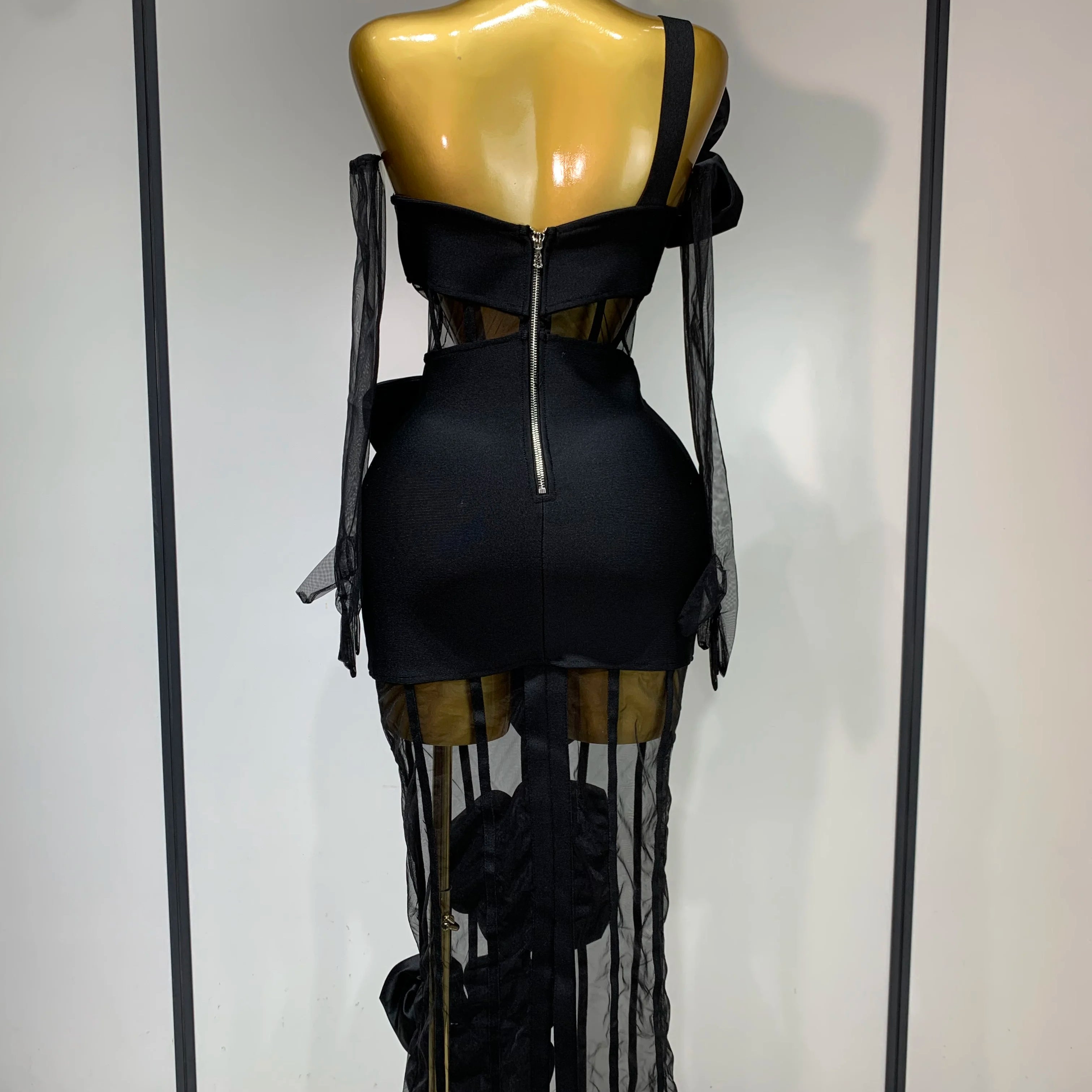 Women Sexy One Shoulder Bow Mesh See Through Bandage Bodycon Dress With Gloves Black Sleeveless Elegant Party Birthday Dresses