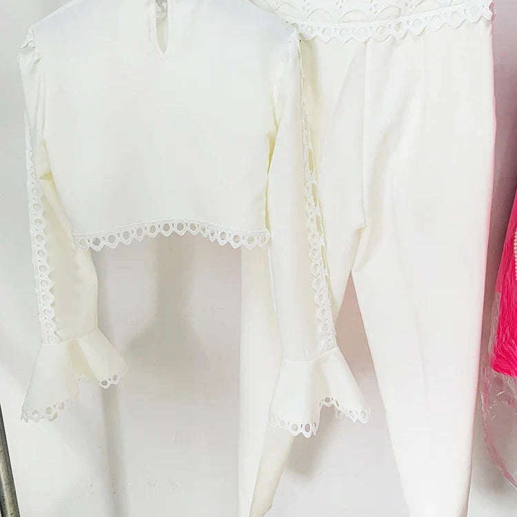 HIGH STREET Newest Designer Suit Set Women's Flare Sleeve Hollow Out Lace Trimmed Tops Blouse Pencil Pants Set