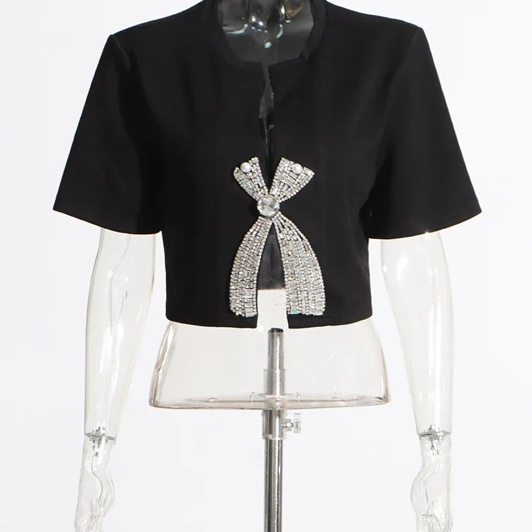 VGH Solid Patchwork Diamonds Split T Shirt For Women Round Neck Short Sleeve Slimming Minimalist T Shirts Female Fashion Style