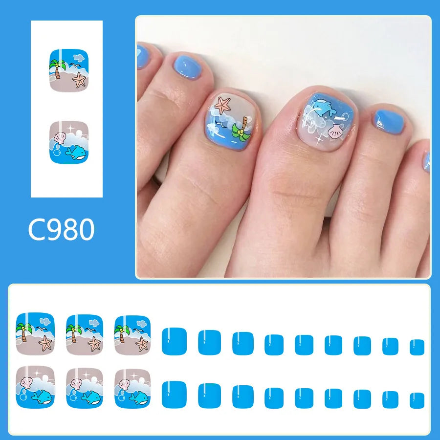 24pcs Summer Beach False Toenails Blue French Square Fake Toenails Wearable Coconut Trees Shell Print Press on Nails for Toe