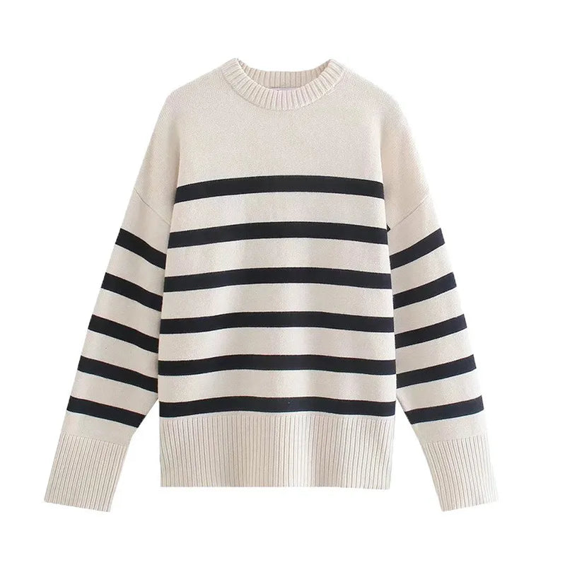 Casual Oversized Striped Pullovers Women Knitted Basic Autumn Winter Loose-Fitting Thick Jumpers Sweaters Female Clothing Ivory