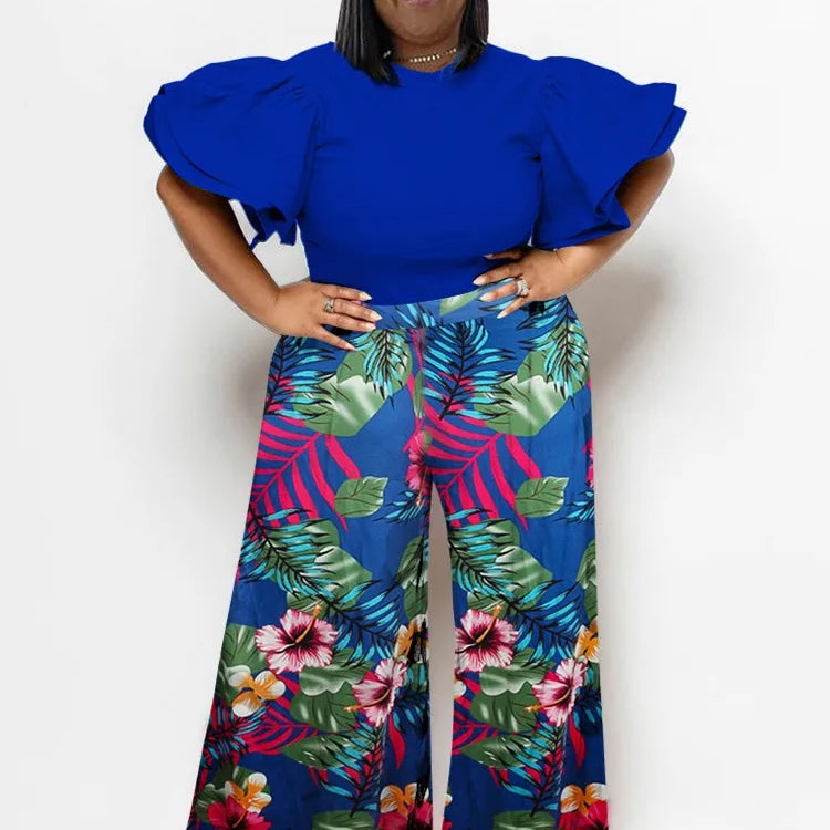 Plus Size Summer 2 Two Piece Set Women Ruffle Pleated Fashion Slim Ladies Blouses Floral Print Loose Pleated Woman Wide Leg Pant