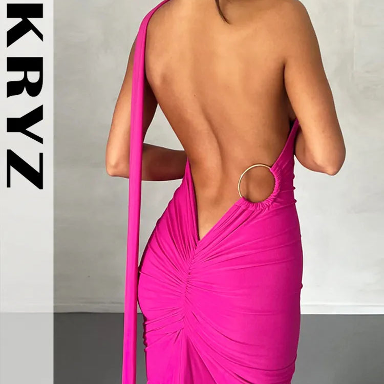 Ladies Night Club Wear Neon Y2K Summer Outfits Women Sleeveless Backless Halter Ruched Bodycon Evening Maxi Dress Birthday Party