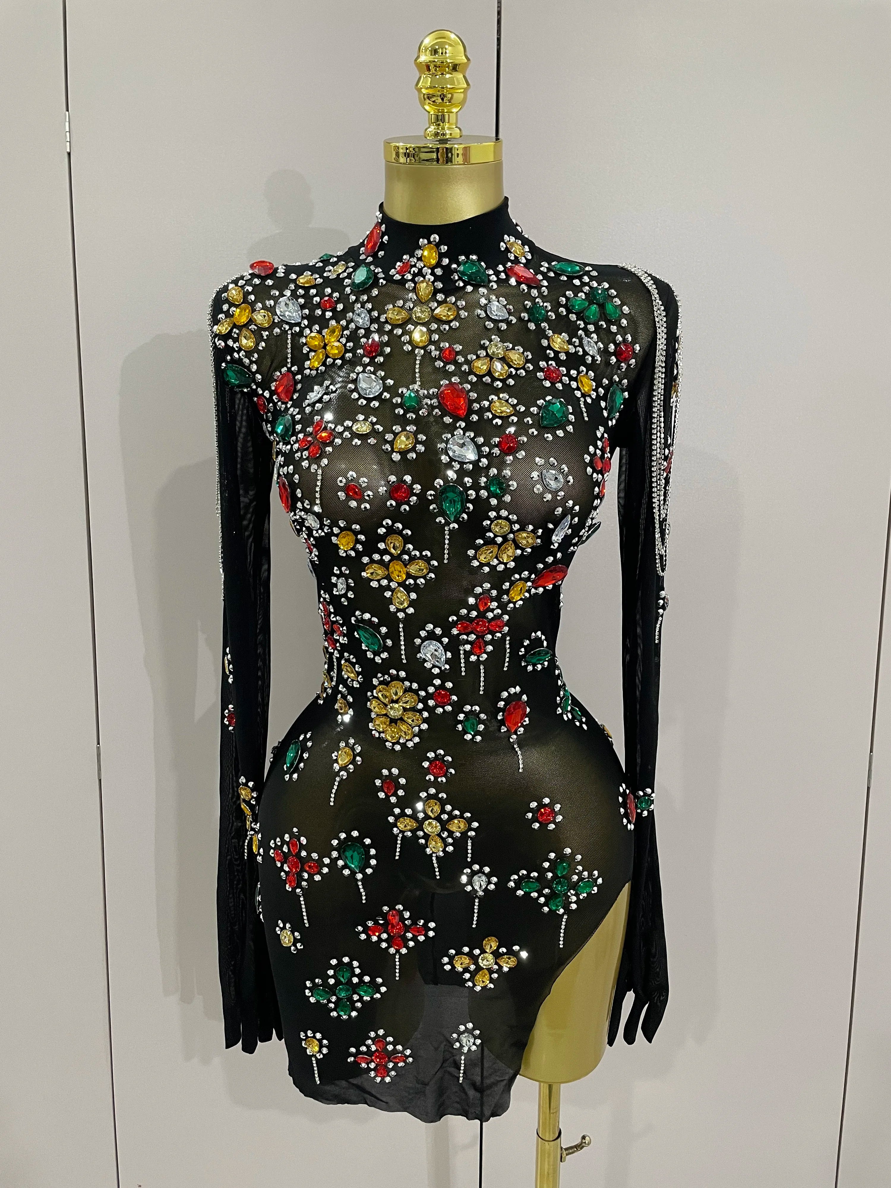 Sexy Sparkle Multicolor Rhinestones Black Velvet Gloves Slit Short Dress 2025New Women Evening Birthday Party Club Stage Costume