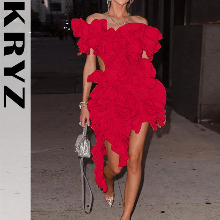 Ladies Autumn Sleeveless V-Neck Backless Sexy Birthday Party Mini Dresses For Women Ruffle New Fashion Clubwear Y2K Baddie Dress