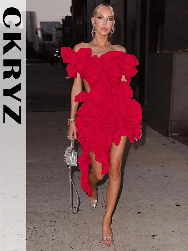 Ladies Autumn Sleeveless V-Neck Backless Sexy Birthday Party Mini Dresses For Women Ruffle New Fashion Clubwear Y2K Baddie Dress