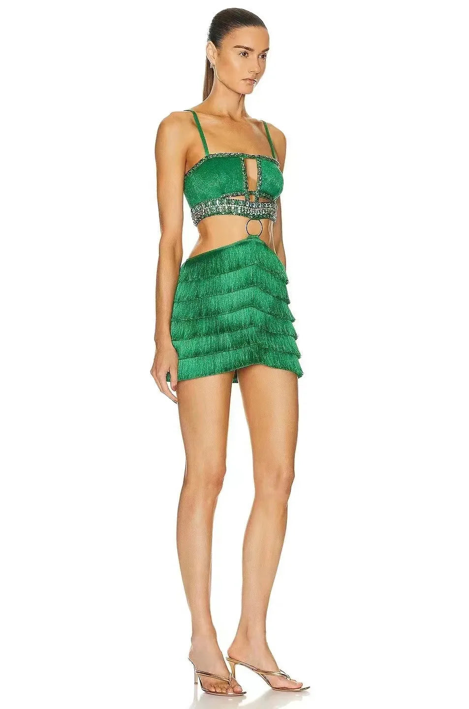 Green Color Women Sexy Strap Bodycon Mini Bandage Dress Tassels Shinning Crystal Nightclub Party Celebrate Dress