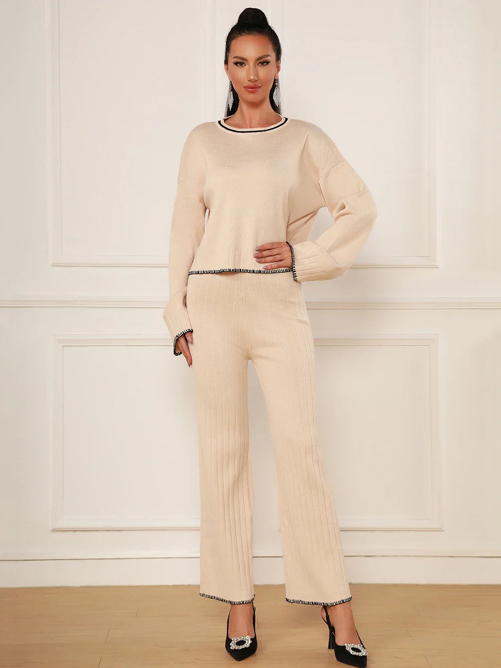 2025 Spring Casual Women's Knitted Pants Set O-neck Long Sleeve Hoodie Loose Knitted Shirt+Straight Pants Two Piece Set