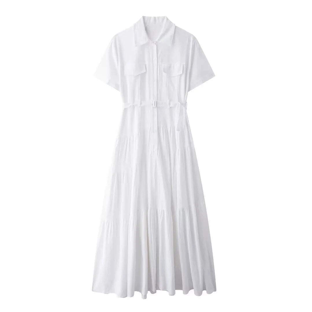 CM.YAYA Women Short Sleeve Single Breasted Belt Long Maxi Dress 2025 Street Birthday Evening Sexy Party Shirt Dresses Vestidos