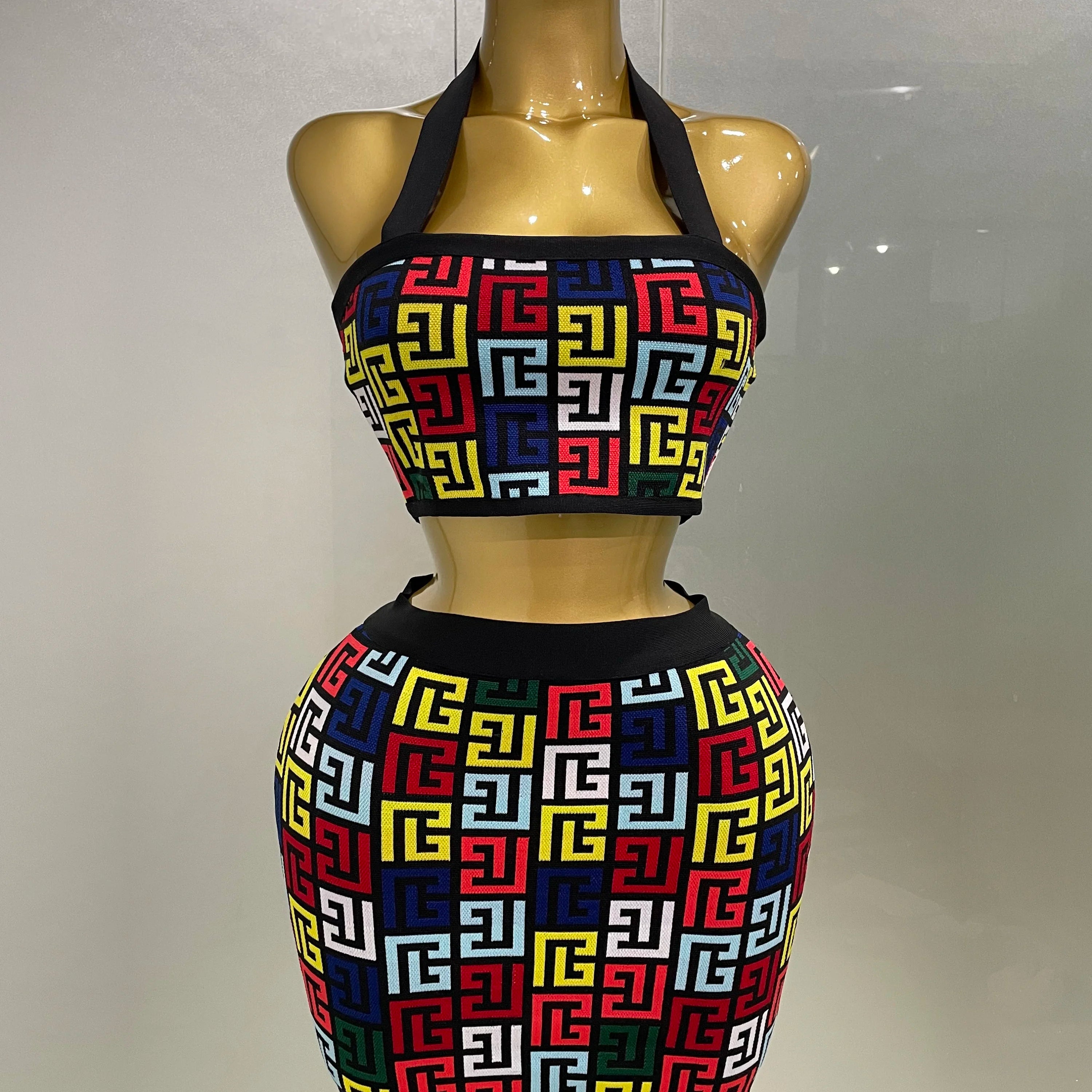 Women 2025 New Sexy Backless Halter Jacquard Two Piece Mini Skirt Bandage Set Celebrity Designer Evening Party Women's Set