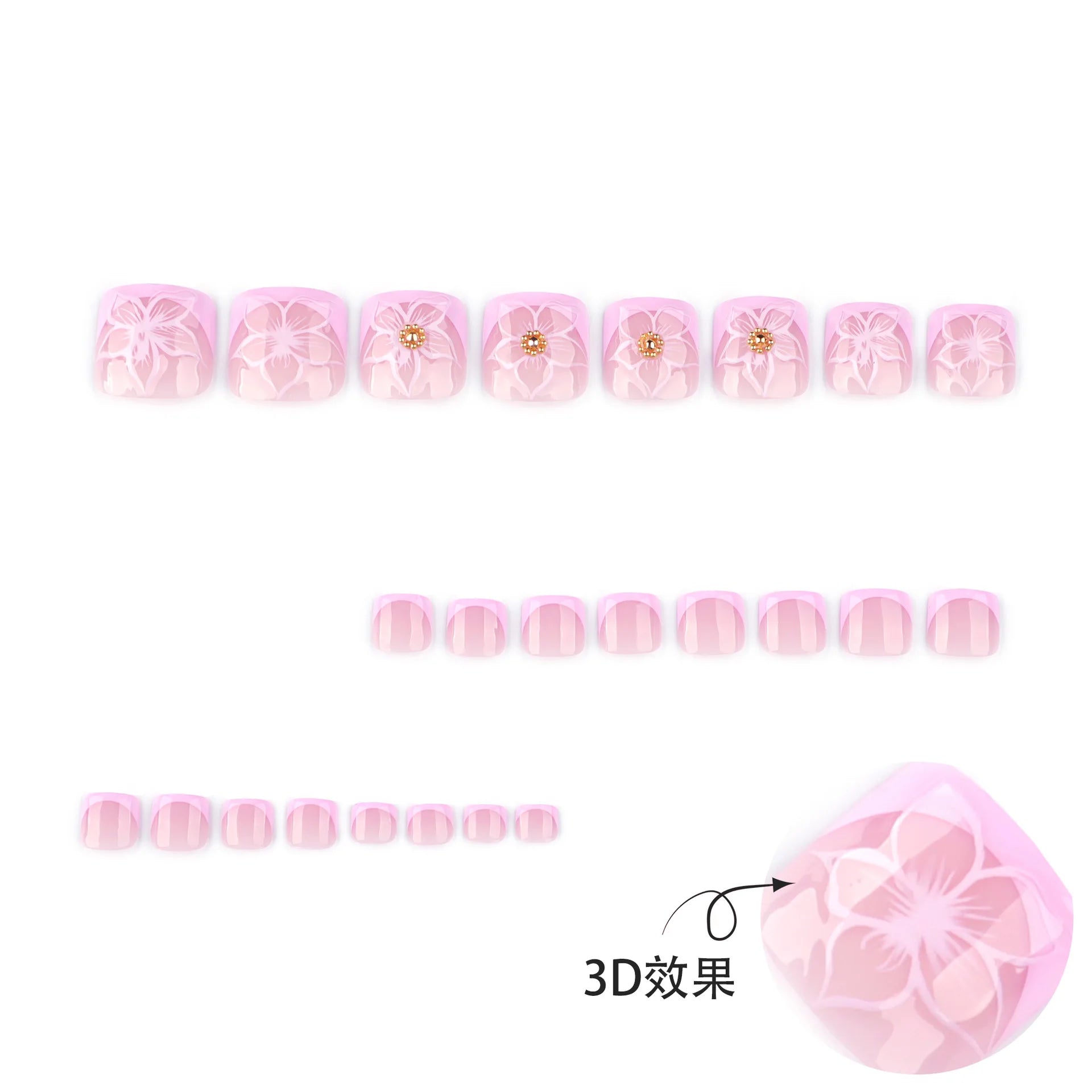 24pcs French False Toe Nails 3d Flowers Design Nail Art Press on Toenails Women Girl Wearable Ins Simple Square Fake Toenails