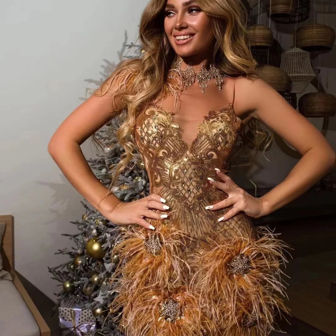 Gold Feathers Sleeveless Bodycon Dress Elegant Evening Party Dress Vestidos