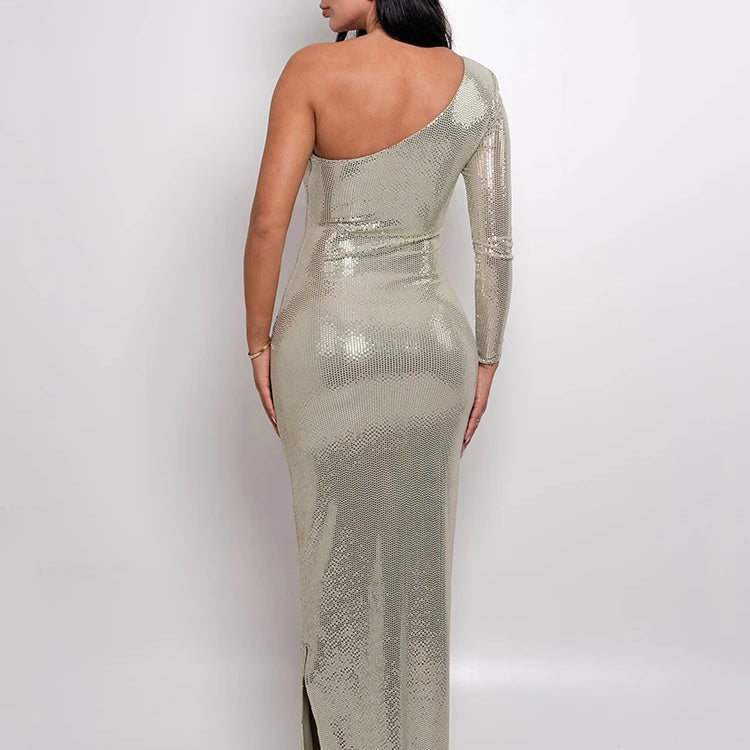 Glitter Skew Collar Backless Sexy Maxi Dress For Women Gown Sparkle Rose One Shoulder Bodycon Evening Long Dress