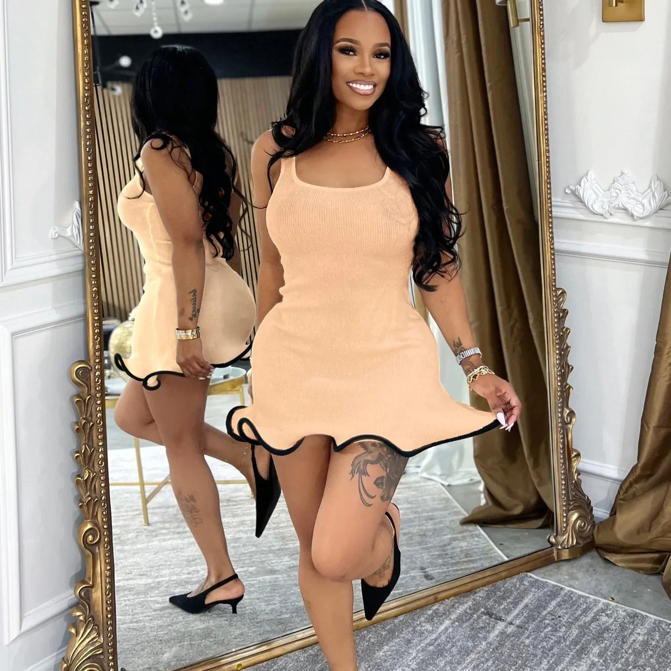 CM.YAYA Women Sleeveless O-neck Tank Mini Dress 2025 Summer Slim Sexy Sweet Club Party Evening High Street Ruffles Dresses APRICOT