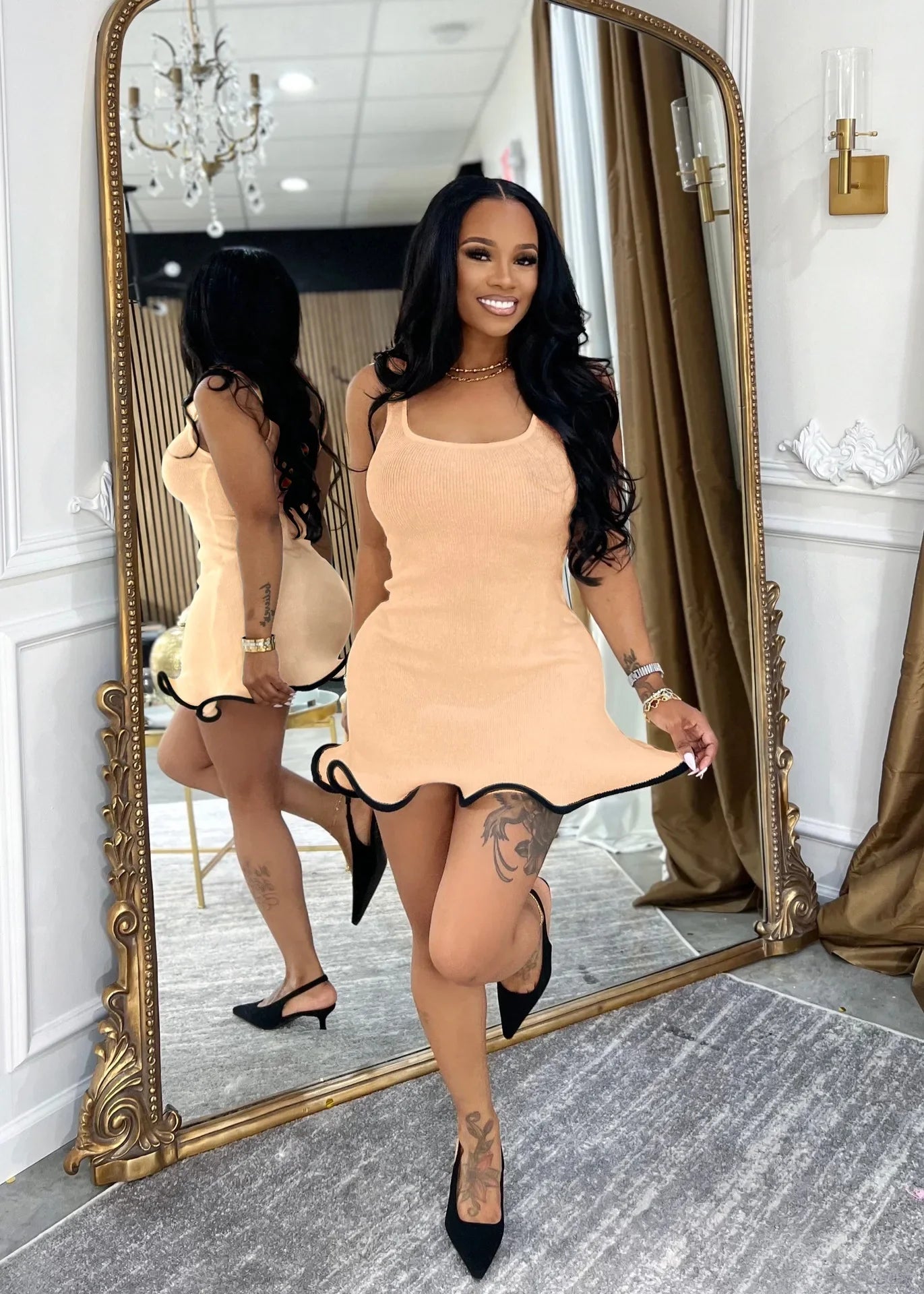 CM.YAYA Women Sleeveless O-neck Tank Mini Dress 2025 Summer Slim Sexy Sweet Club Party Evening High Street Ruffles Dresses APRICOT