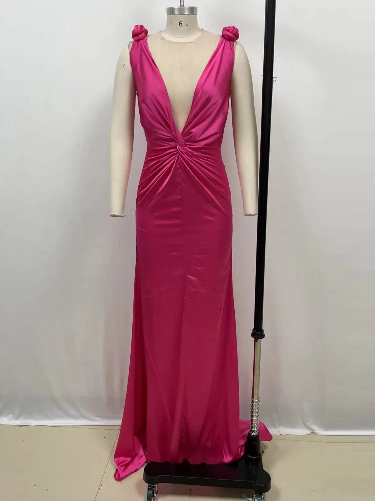 Rosered Color Women Sleeveless Deep V-Neck Satin Long Maxi Dress Celebrate Fashion Evening Party Prom Cocktail Dress Wholesale