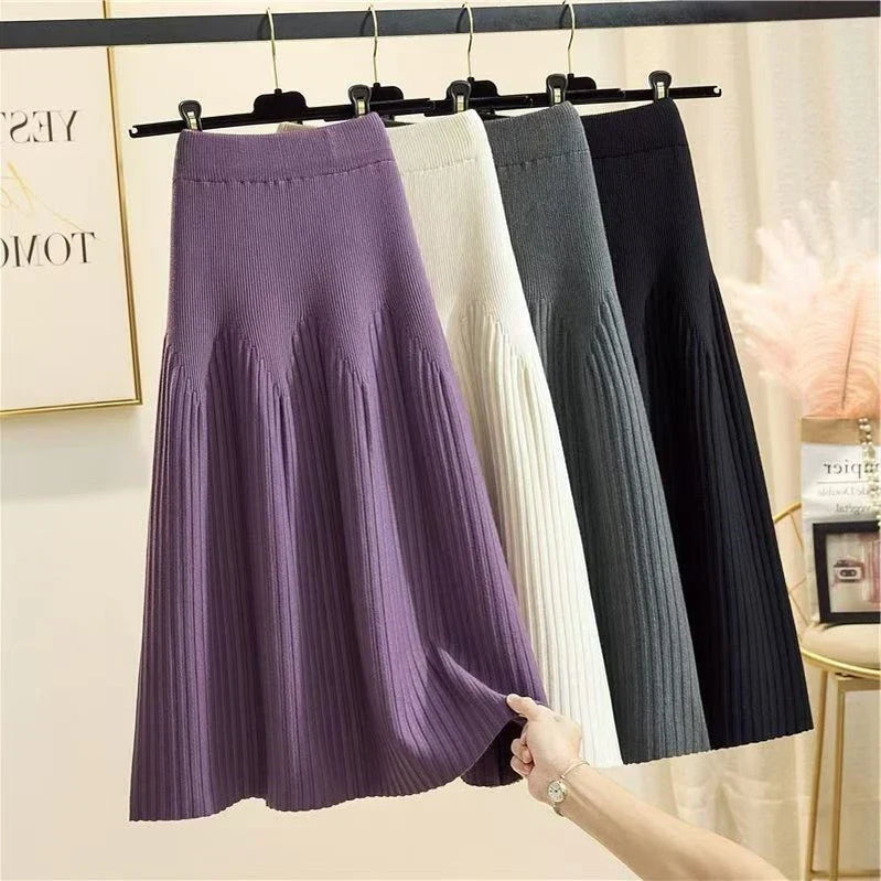 Women Winter Loose A-Line Midi Skirt Casual Elegant Office Lady Skirt Trendy All-Match New Basic Skirt Solid Pleat Knit Skirt