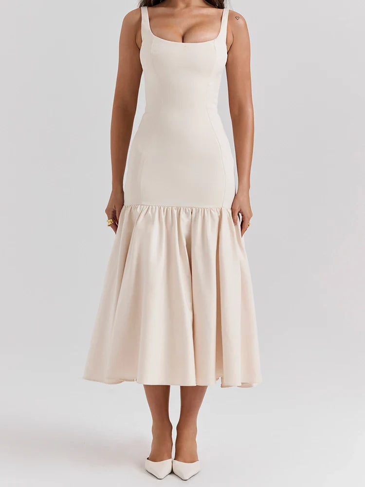 Tossy White Ruffled Patchwork Maxi Dress Female Fashion Slim High Waist Backless Pleated Summer Strapless Female Long Dress 2024