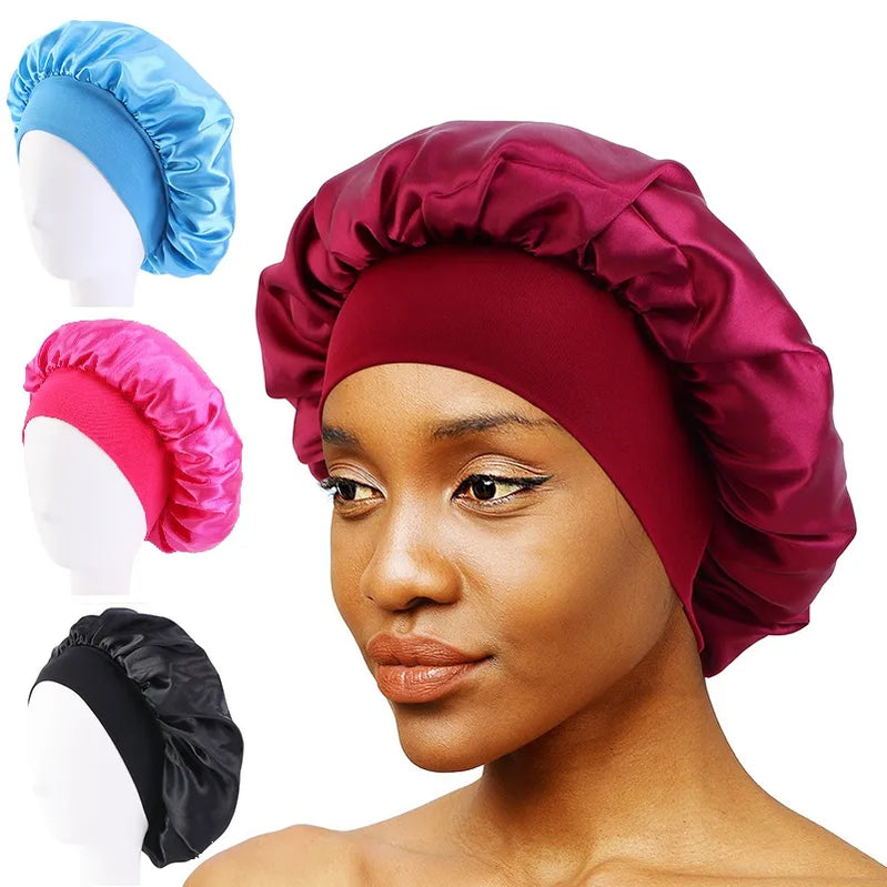 Women's Satin Solid Wide-brimmed Sleeping Hat Unisex Head Wrap Elastic Band Cap Hair Care Bonnet Night Hat bonnet de nuit