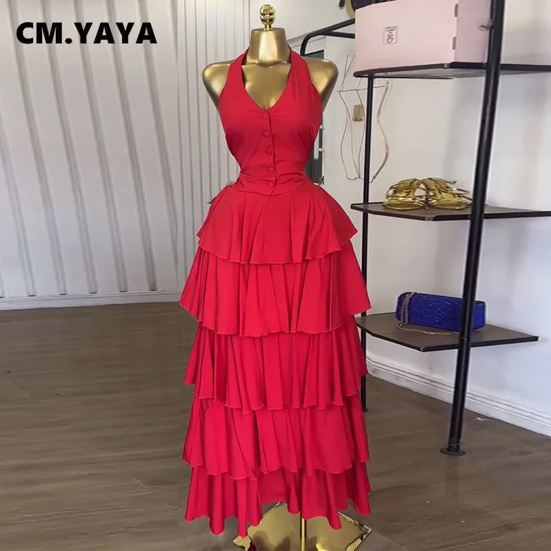 CM.YAYA Women's Dress Set Sleeveless Vest Tops and Pleated Tiered Skirts Suit Elegant Holiday Birthday Two 2 Piece Set Outfits