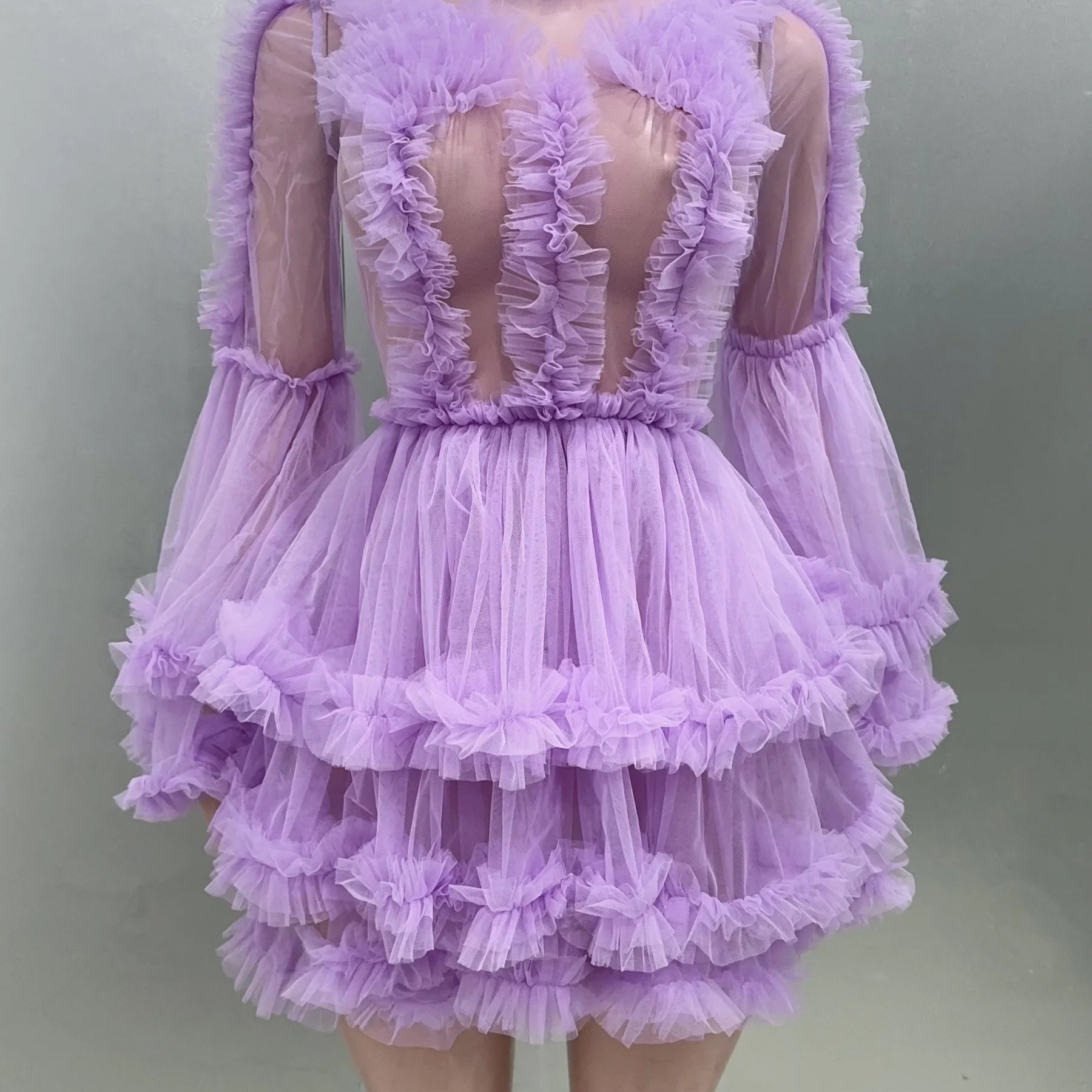 Purple Color Women Sexy  Puff Sleeve Mesh Ruffles Mini Dress Birthday Celebrate Party Girls' Photo Shoot Wear Vestido