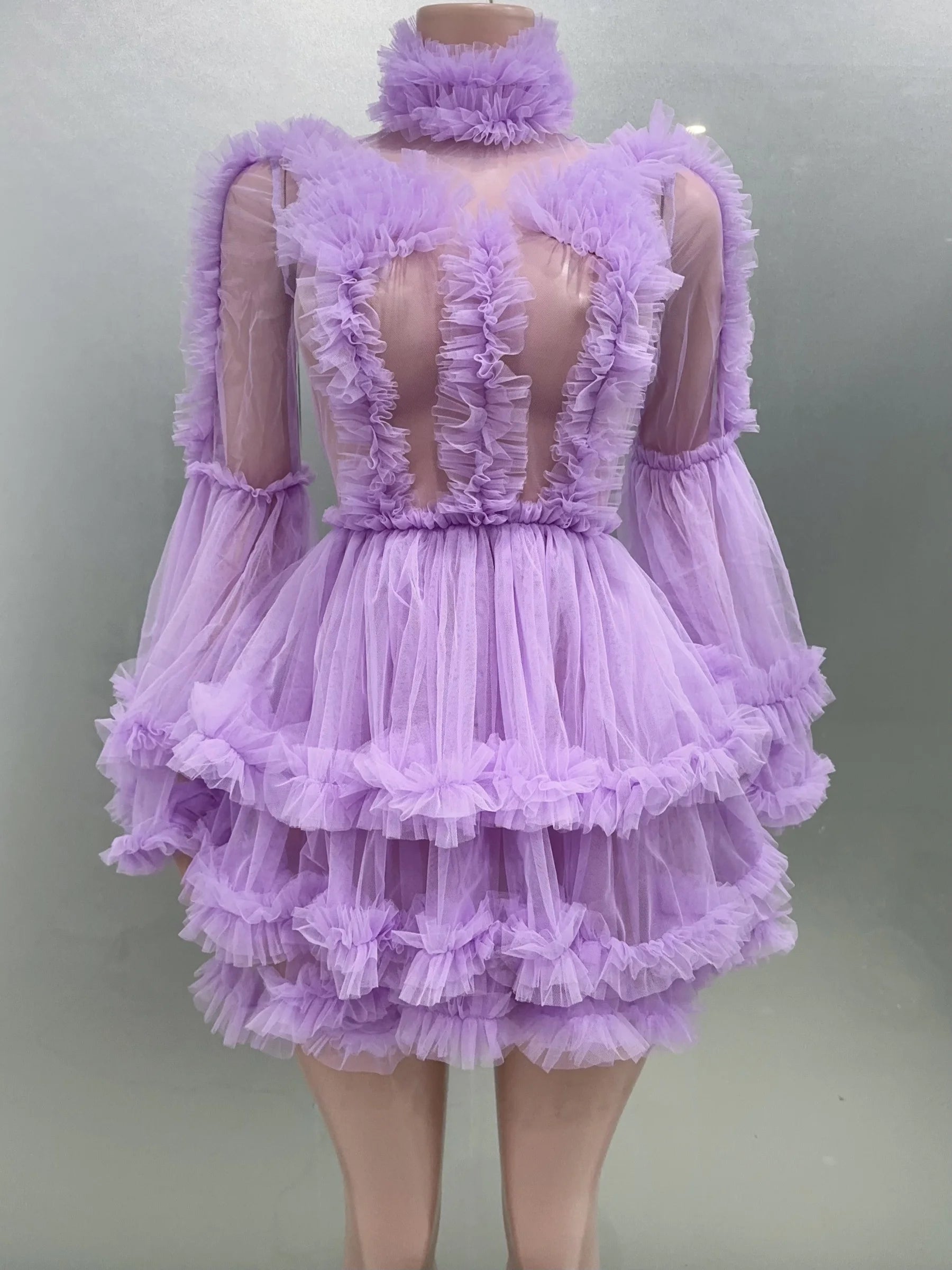 Purple Color Women Sexy  Puff Sleeve Mesh Ruffles Mini Dress Birthday Celebrate Party Girls' Photo Shoot Wear Vestido