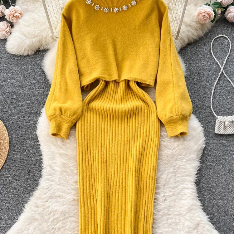 Korean Fashion Knitted Dress Sets Women Elegant Long Sleeve Pearl Sweater+Knitted Camis Dress Sets Sweater Casual Pullovers Suit yellow One Size