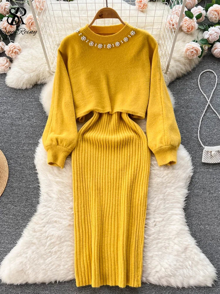 Korean Fashion Knitted Dress Sets Women Elegant Long Sleeve Pearl Sweater+Knitted Camis Dress Sets Sweater Casual Pullovers Suit yellow One Size