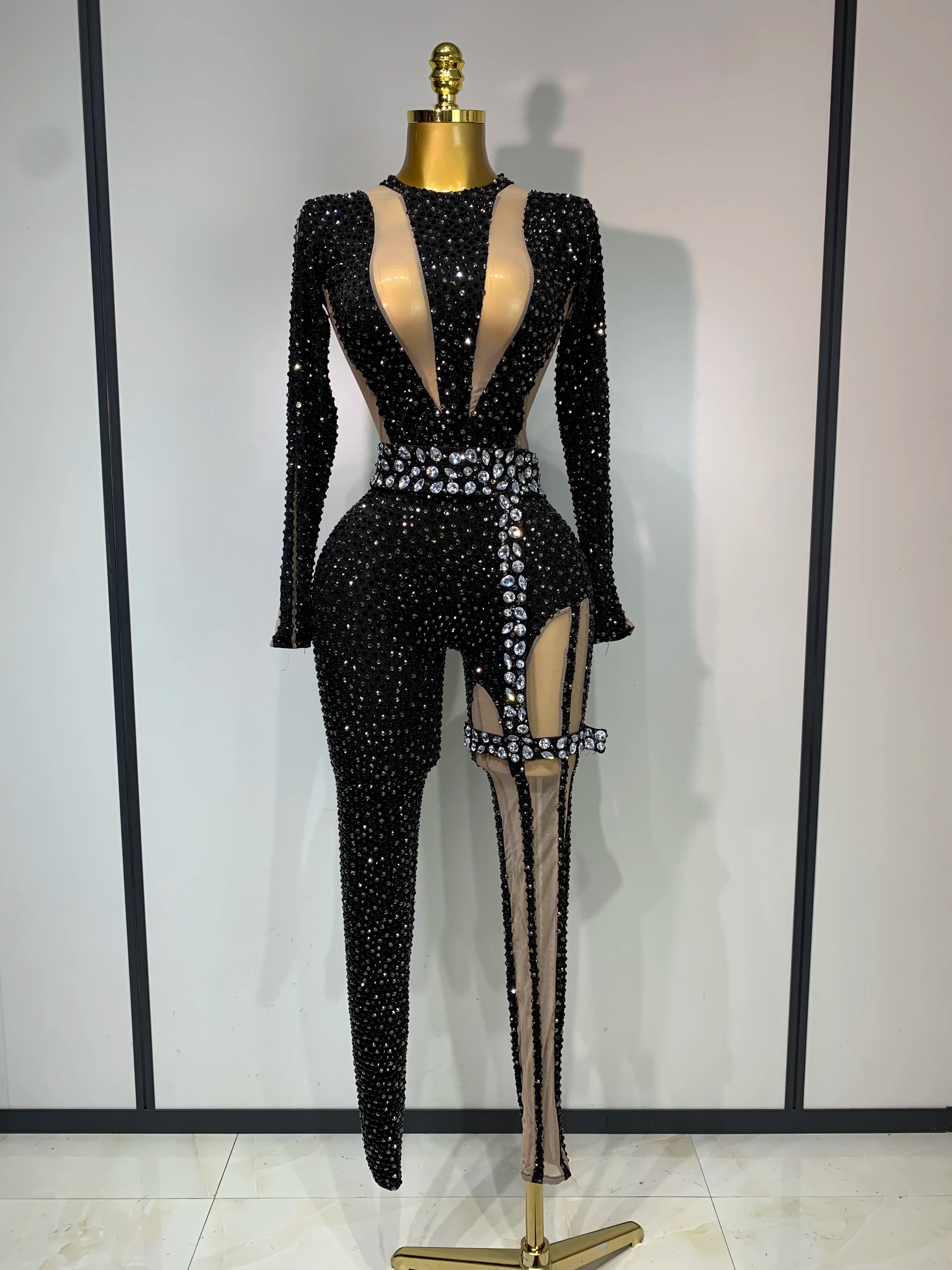 Sexy Sparkly Diamond Black Long Sleeves Bodycon Mesh Jumpsuit Evening Party Nightclub Bar Singer Performance Stage Costume