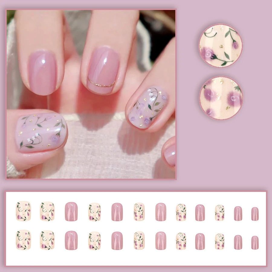 24pcs/set Short Medium fake nails for Spring summer beautiful colourful flowers bees faux ongles tips press on false nail art