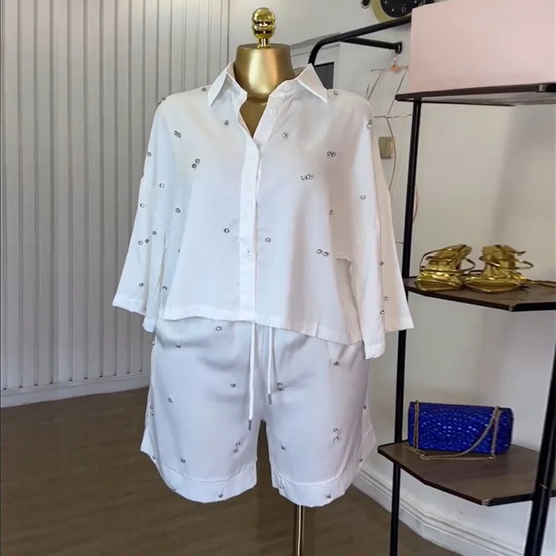 CM.YAYA Beading Women's Set Long Sleeve Shirt and Shorts Suit 2025 Summer OL Fashion Two 2 Piece Sets Outfit Tracksuit
