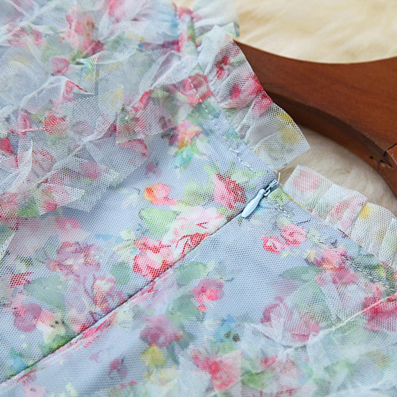 Luxury Ruffles Layered Floral Print Mesh Long Dresses for Women Party Evening Gown Elegant Spring Designer Maxi Dress