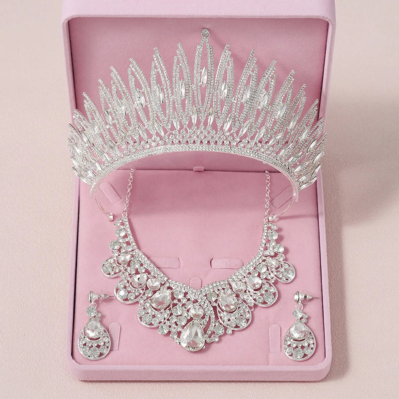 Bridal Jewelry Sets Crown Necklace Earrings Four Pack Silver Colour Women's Fashion Wedding Tiaras TS-0049-B-XL-0012-A Tiaras