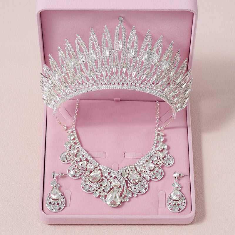 Bridal Jewelry Sets Crown Necklace Earrings Four Pack Silver Colour Women's Fashion Wedding Tiaras TS-0049-B-XL-0012-A Tiaras