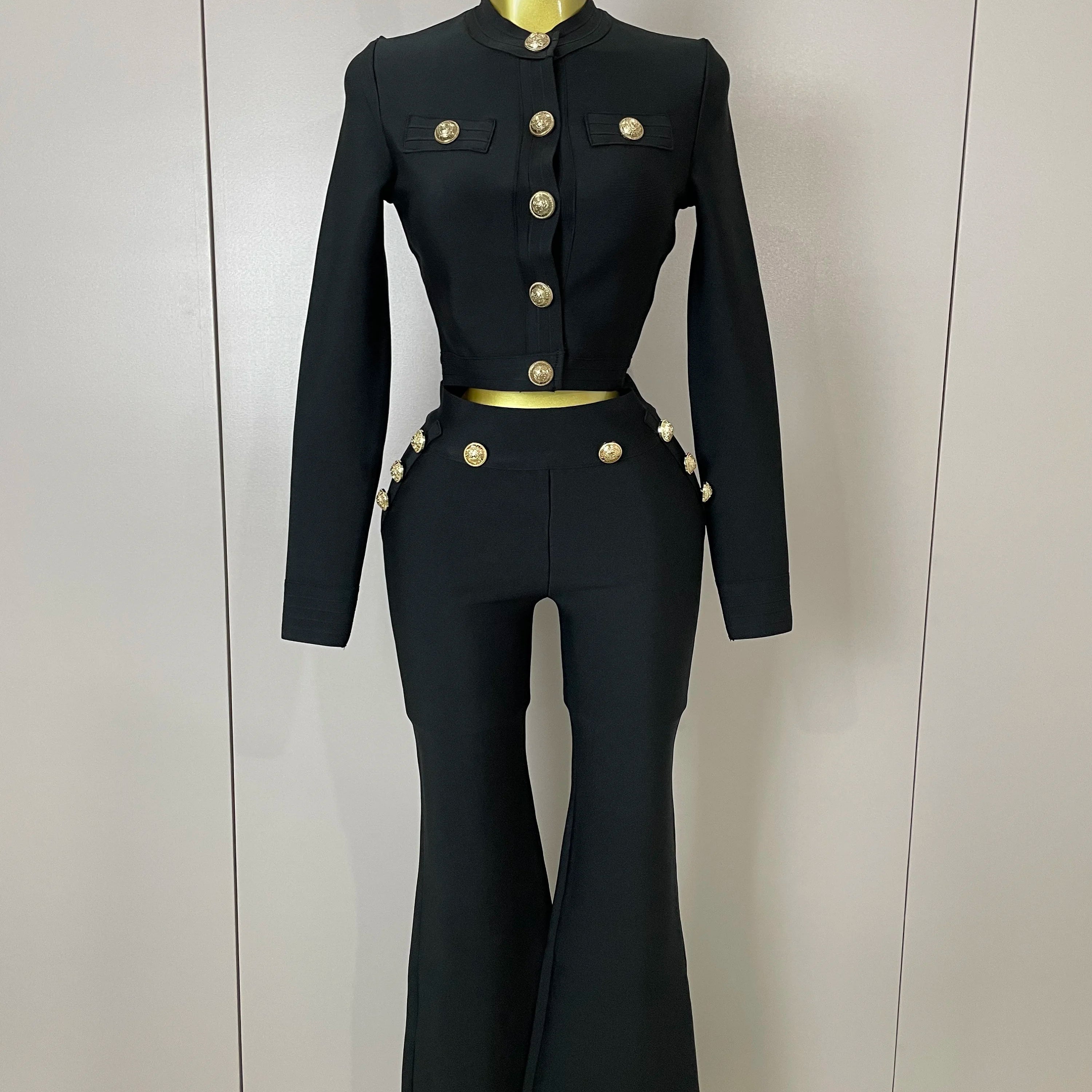 2025 New High Quality Golden Buttons Short Coat Top And Flare Pants  Bandage 2 Pieces Set Woman Celebrity Evening Party Vestidos