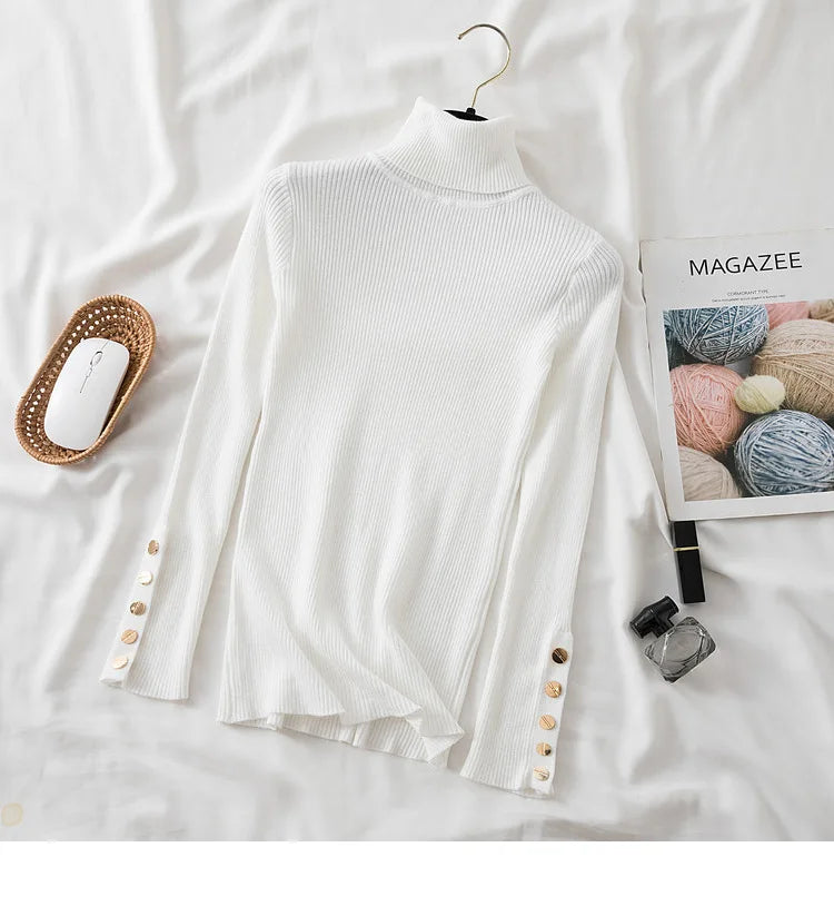 Thick Sweater Pullovers Long Sleeve Tops Women Autumn Winter Clothes Slim Knit Soft Jumper Streetwear Button Turtleneck Sweater white One Size