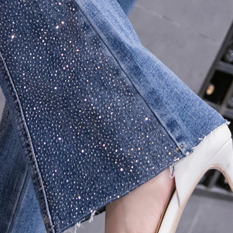 Rhinestone Flared Jeans For Women Soft Skinny Patchwork Boot-Cut Denim Trousers Mujer Fashion Stretch Pants Ladies Blue