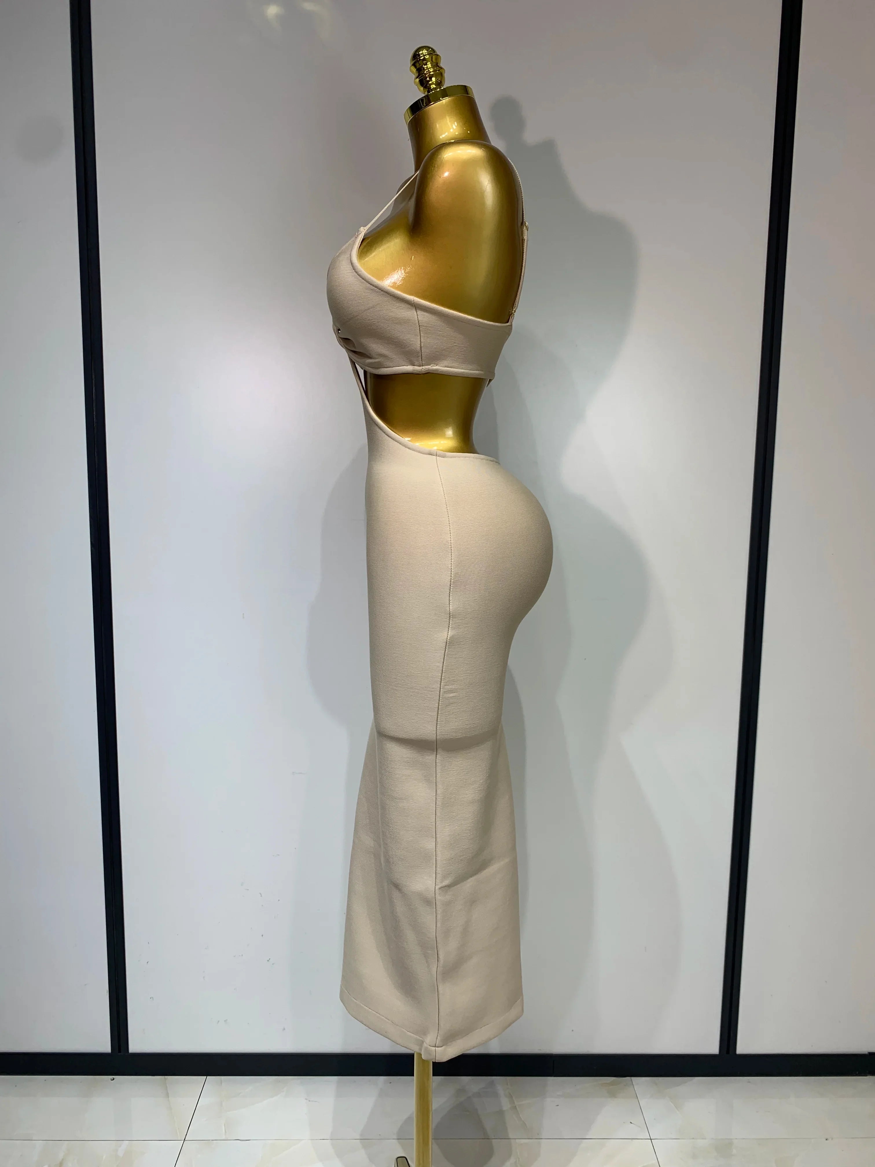 Women Sexy V Neck Backless Khaki Bodycon Bandage Dress  Celebrity Elegant Evening Club Party Luxury Birthday Dress