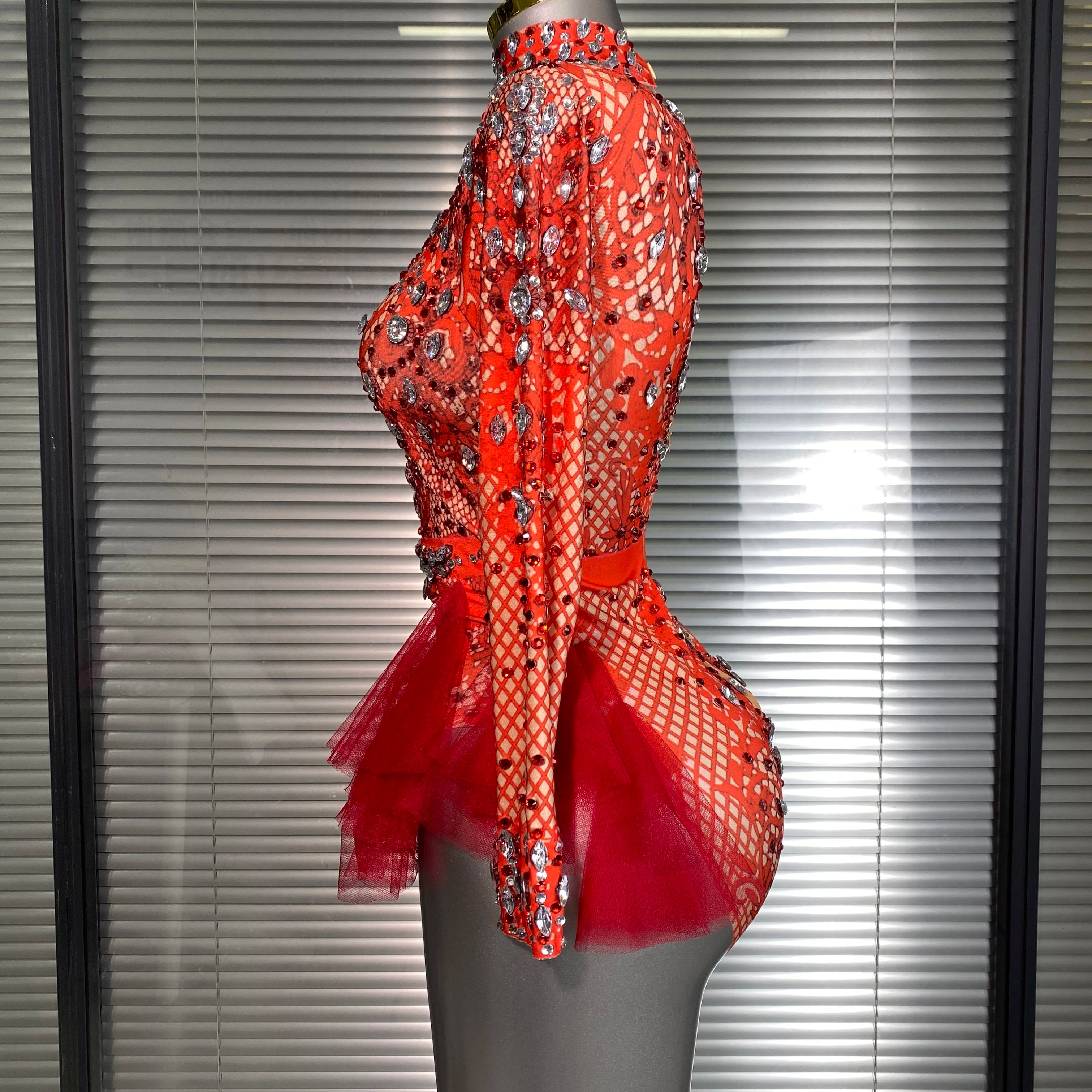 Summer New Women Sexy Skin Red Pink Crystal Stretchy Night Club Singer Dancer Tassel Dancer Stage Costume Party Bodysuit