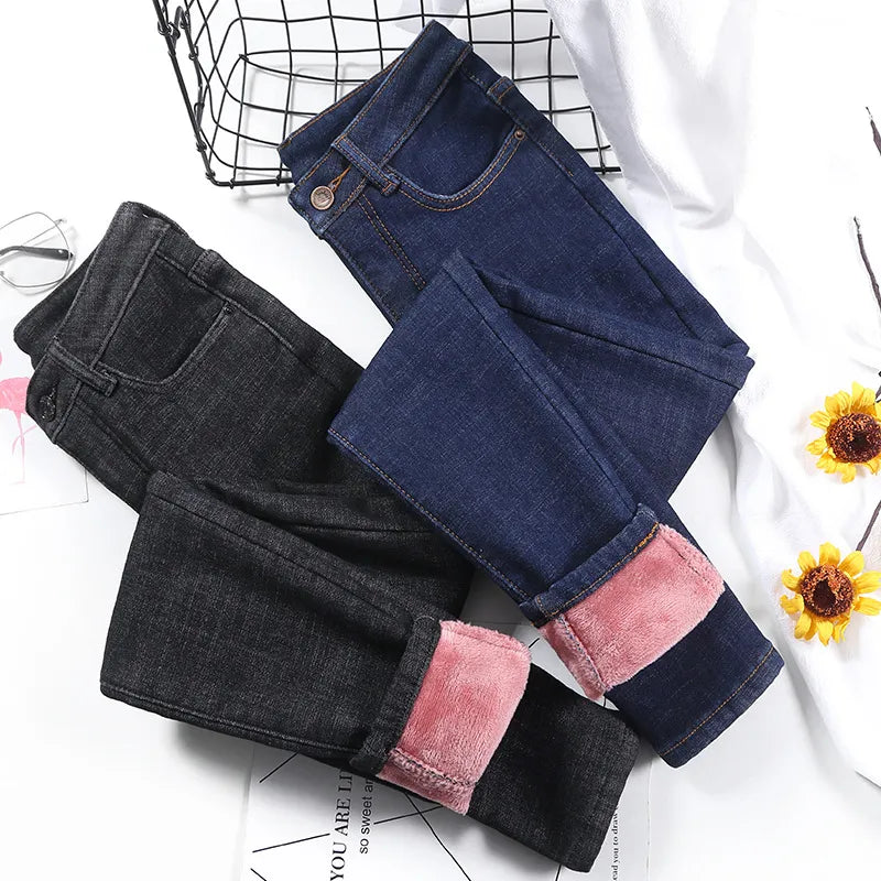 Fashion Stretch High Waist Pencil Pants Female Casual Velvet Jeans Womens Jeans Thick Women Pants
