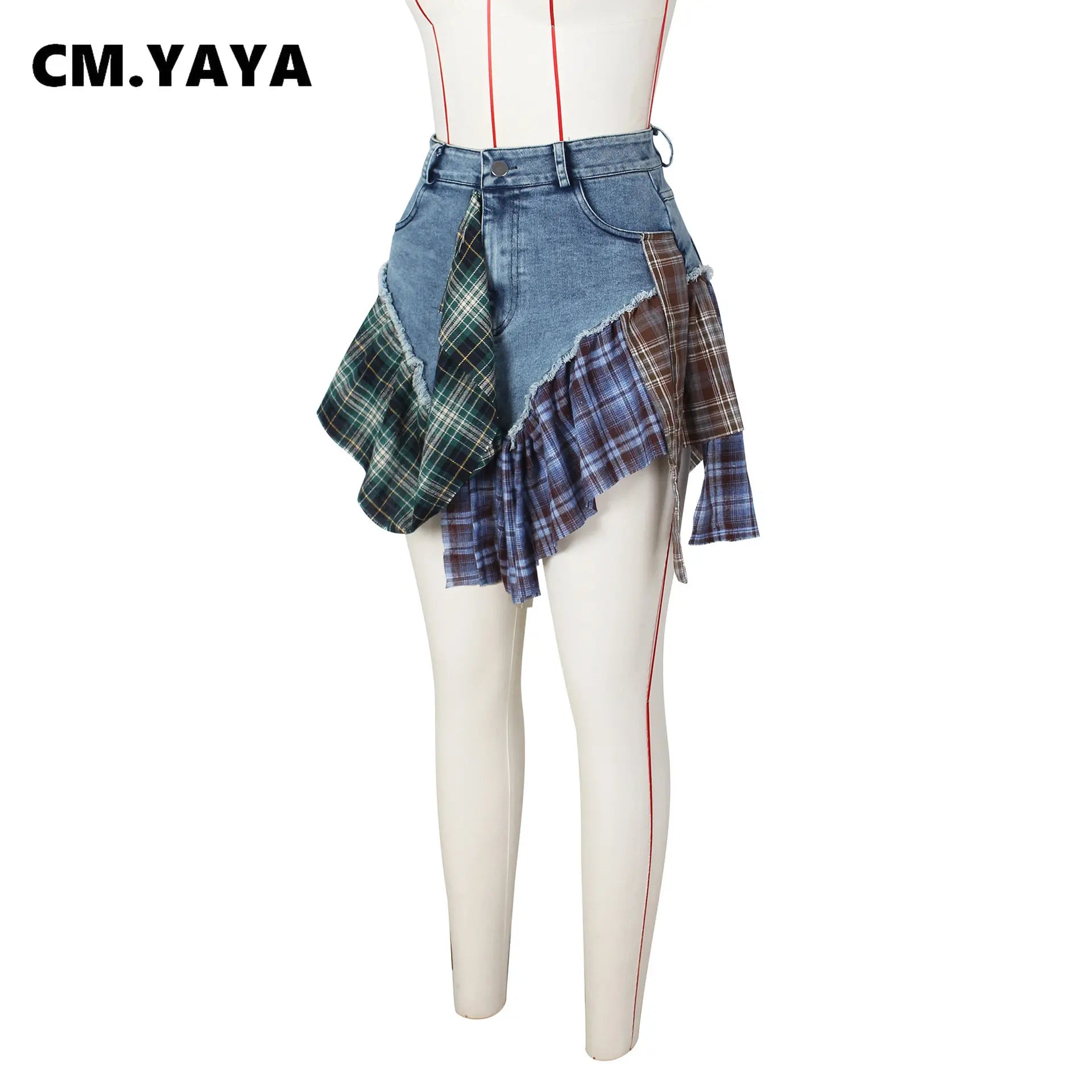 CM.YAYA Women Fashion Plaid Denim Patchwork Streamer Irregular A-line Mini Skirt 2023 Street Female Classic Jeans Cargo Skirts