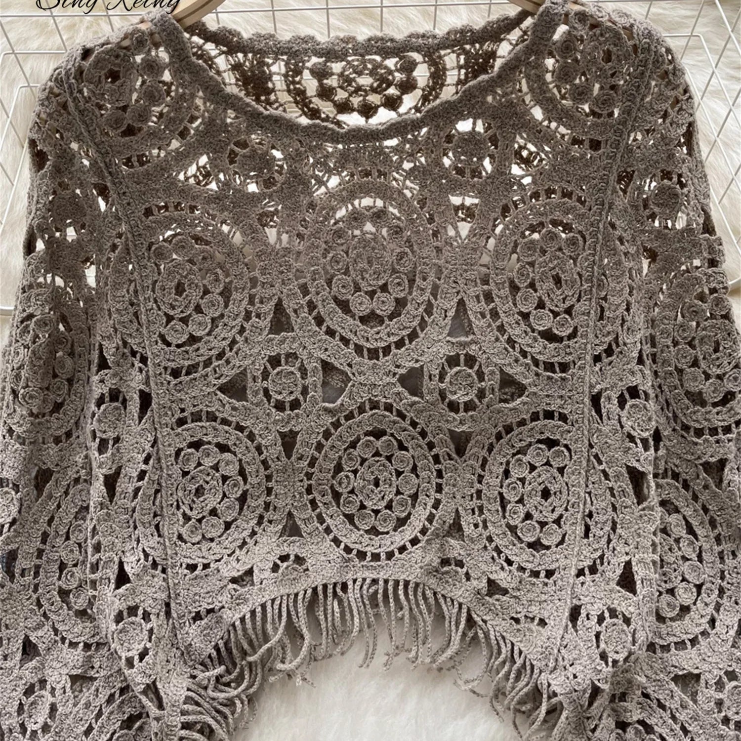 SINGREINY Autumn Casual Loose Knitting Top O Neck Hook Flower Hollow Long Sleeved Tassel Design Fashion French Vintage Blouse