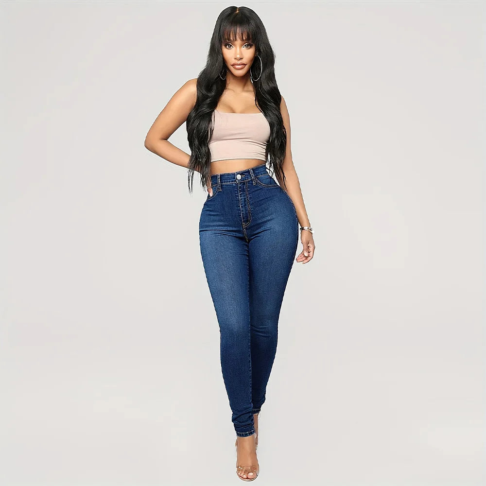 Plain High Waist Skinny Jeans, High Rise Slim Fit Slash Pockets Casual Denim Pants, Women's Denim Jeans & Clothing Blue