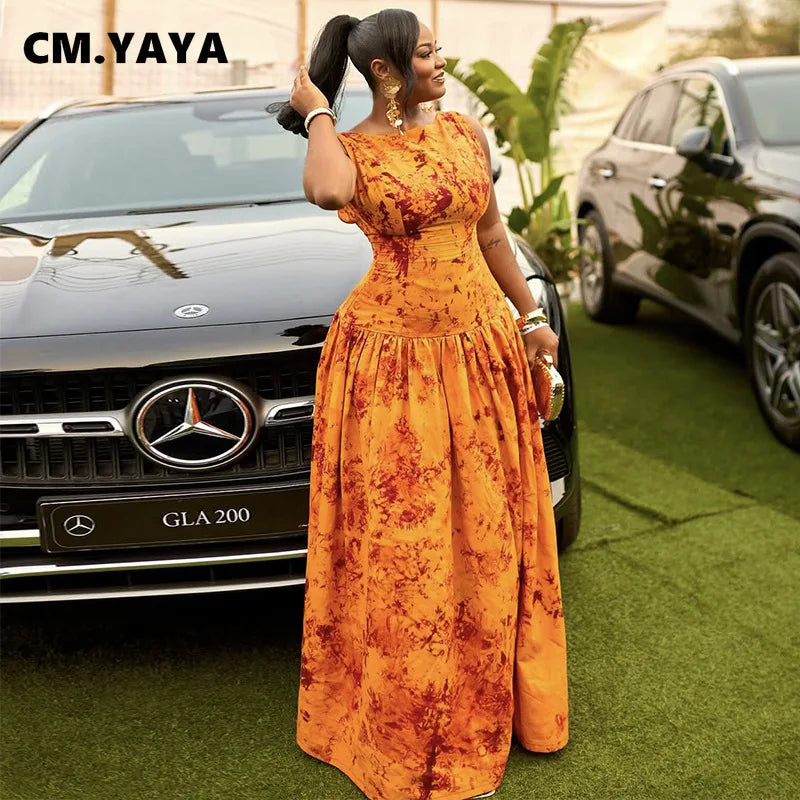 CM.YAYA Women Floral Print Sleeveless Big Swing High Waist Long Maxi Dress 2025 Chic Evening Sexy Party Vintage Dresses Vestidos