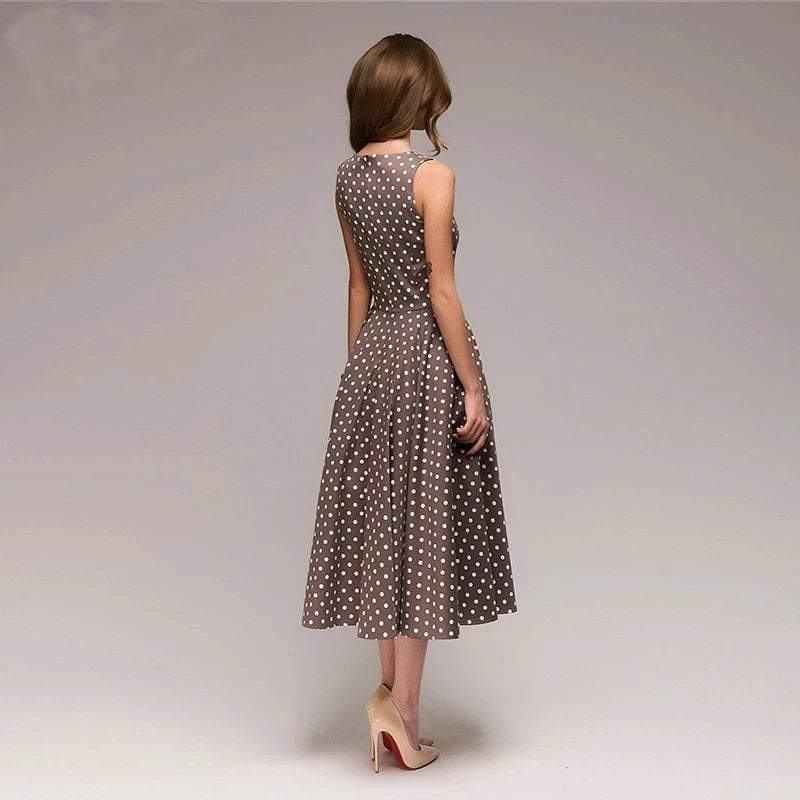 Vintage Dress Sleeveless O-neck Vestidos Women Elegant Thin Dot Printing Mid-Calf Casual Dress Female Summer