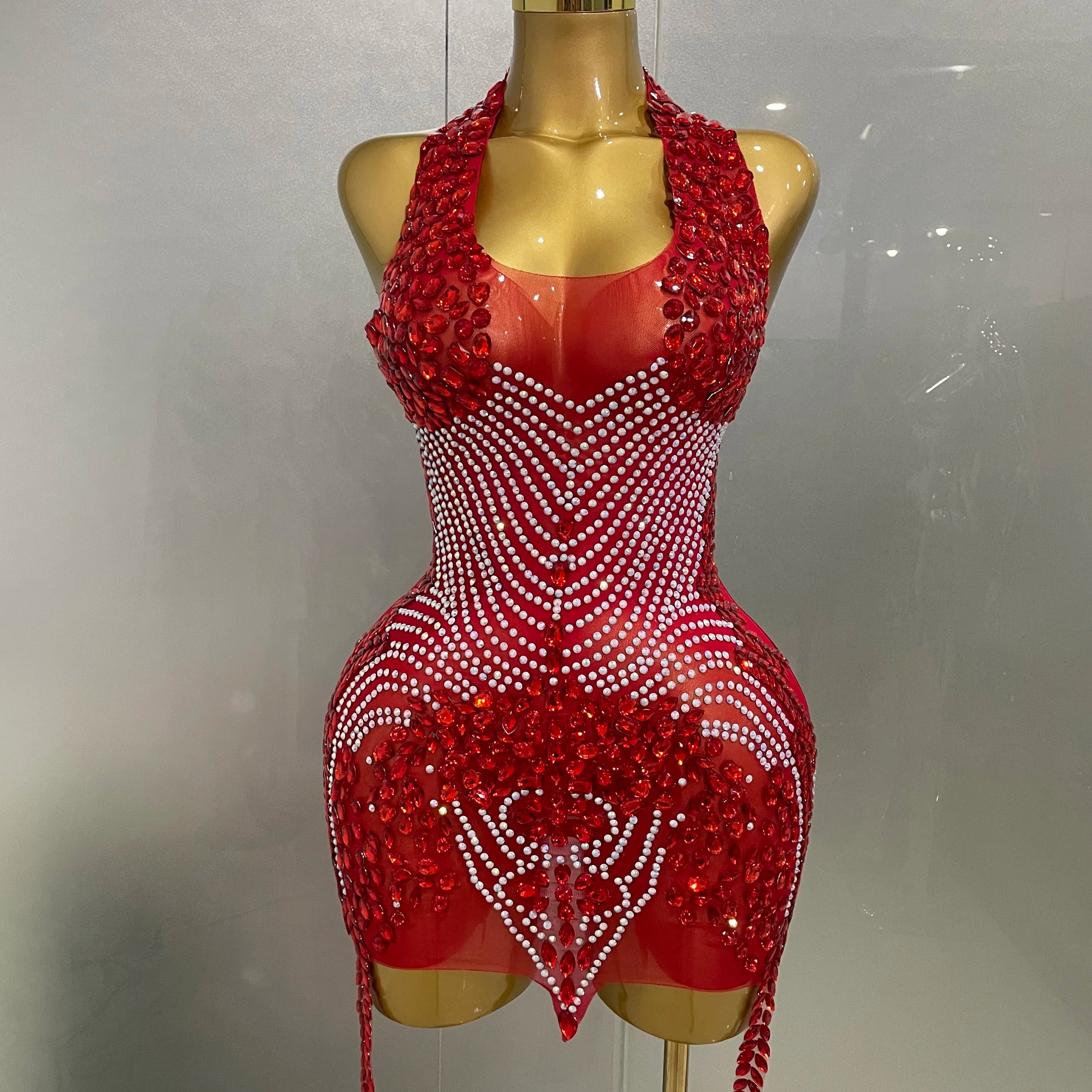 2025 New Sexy Sparkly Rhinestones Halter Backless Mesh Velour Short Dress Women Evening Prom Celebrate Birthday Party Stage Wear