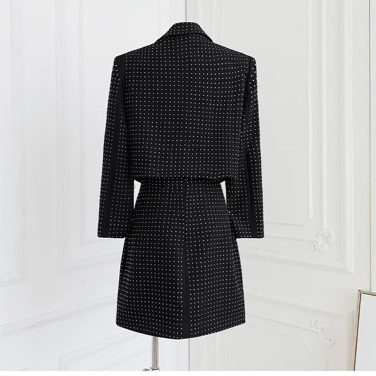 TWOTWINSTYLE Slimming Spliced Hot Fix Two Piece Sets for Women Lapel Long Sleeves Patchwork Single Breasted Top Skirt Set Female